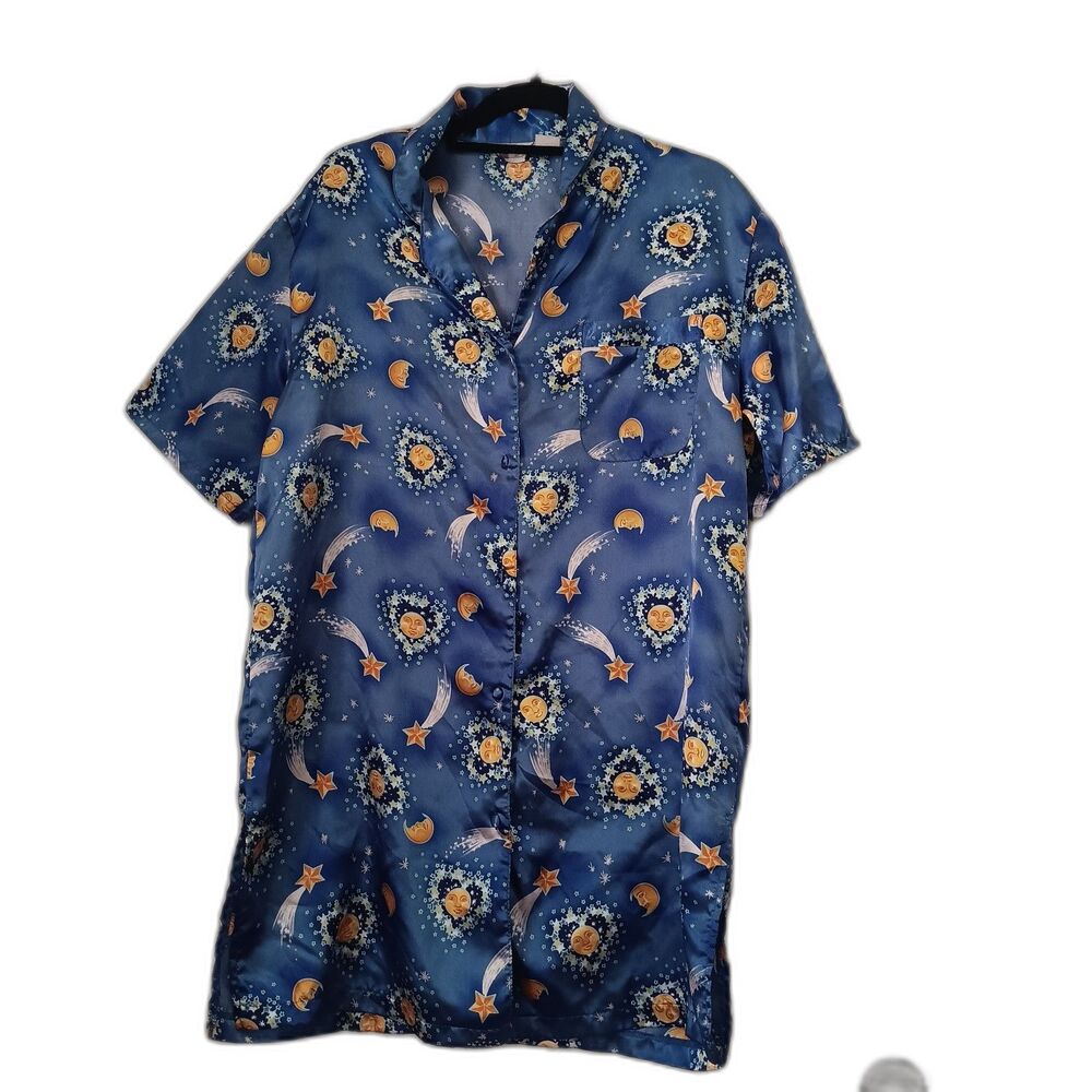 Vtg 90's Celestial Pajama Top Kathryn Women S-M blue Gold Whimsical Y2k Retro